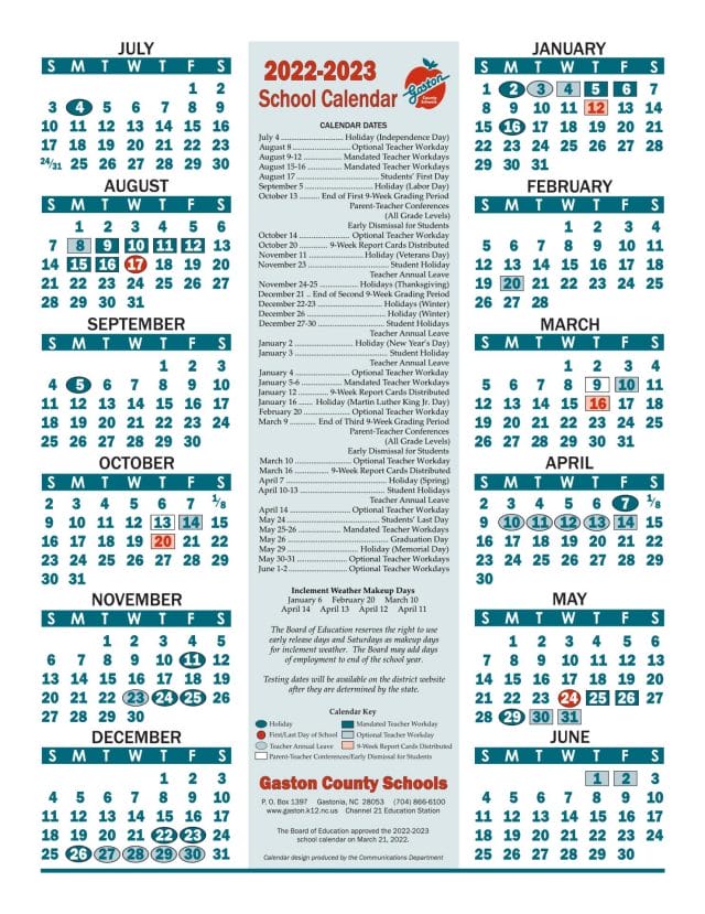Gaston County School Calendar for 2022-2023