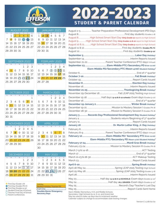 Jefferson Parish School Calendar for 2022-2023