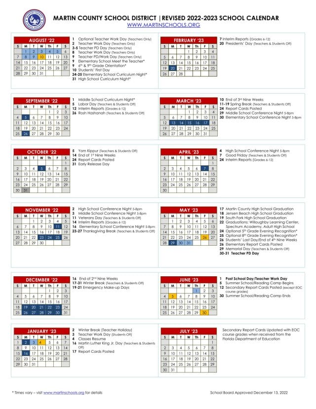Martin County School Calendar for 2022-2023