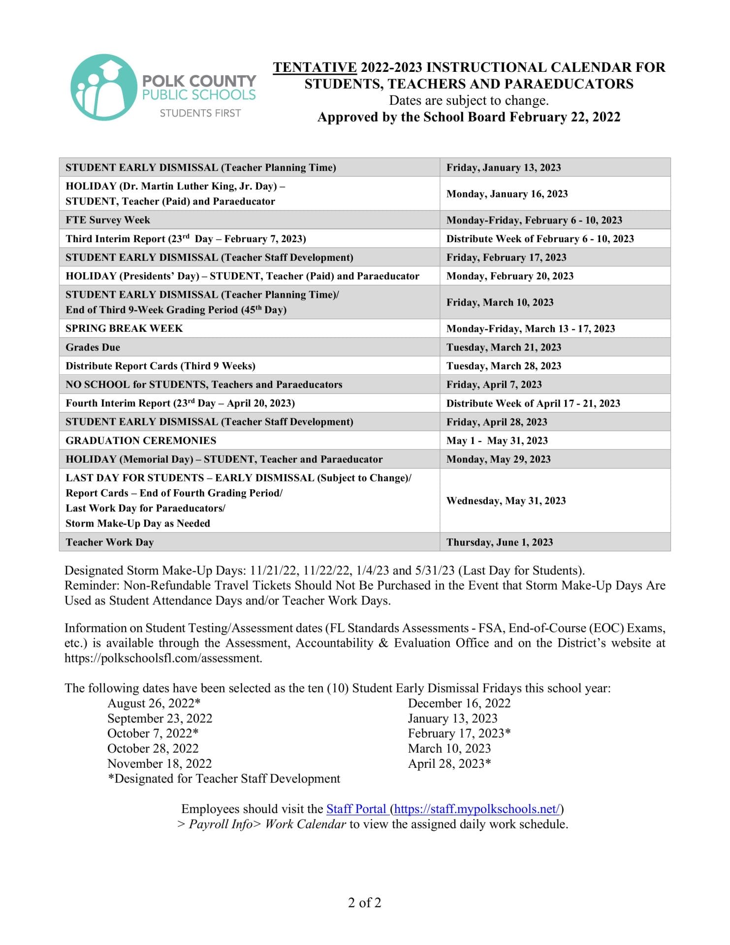 Polk County Public School Calendar for 2022-2023
