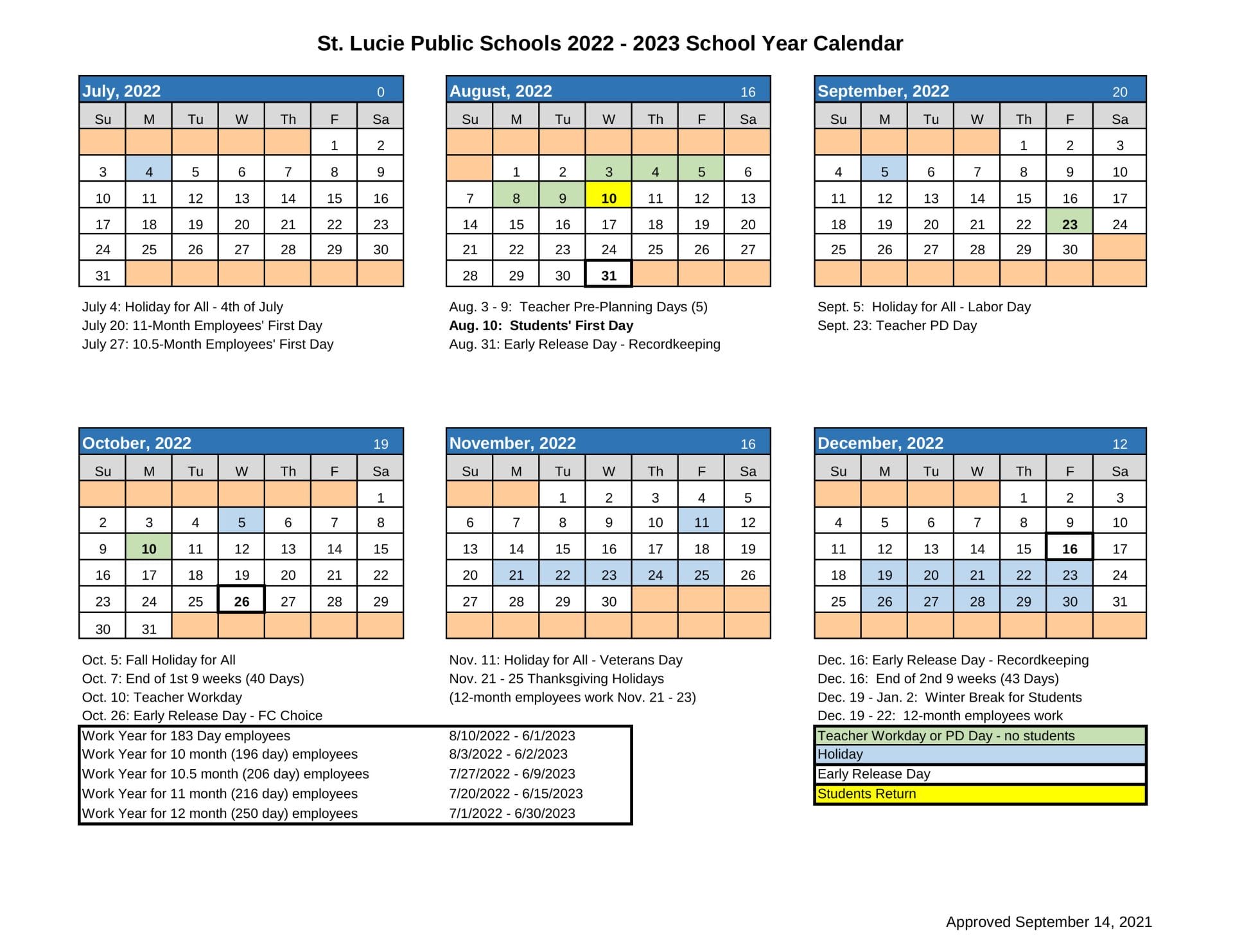 St Lucie Public School Calendar for 2022-2023