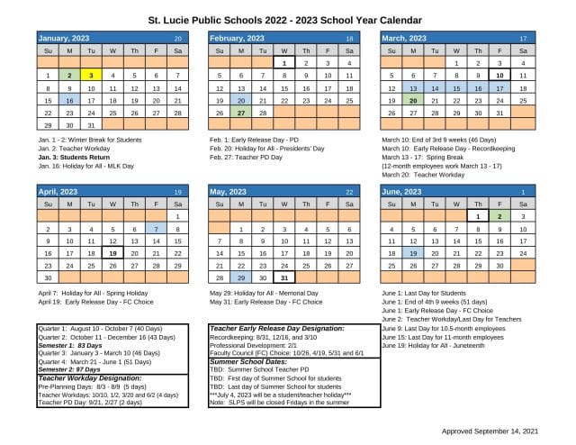 St Lucie Public School Calendar for 2022-2023