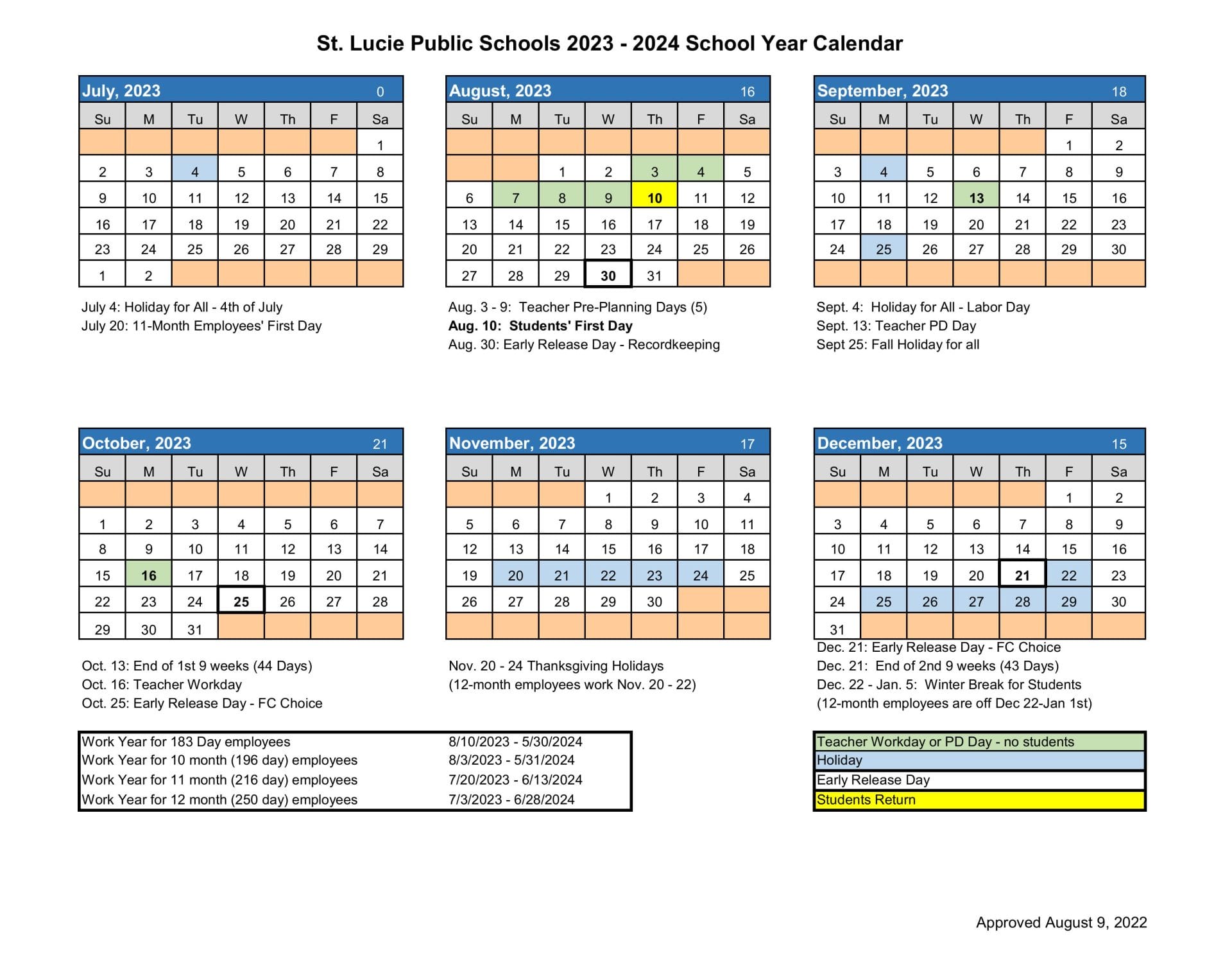 St Lucie Public School Calendar for 2023-2024