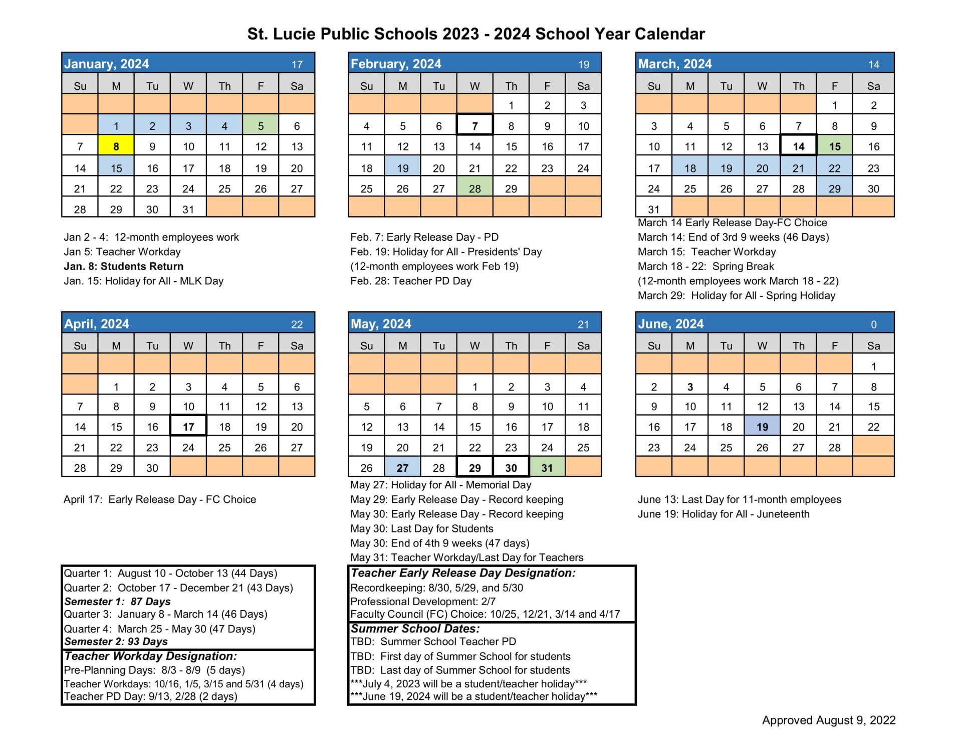 St Lucie Public School Calendar for 2023-2024