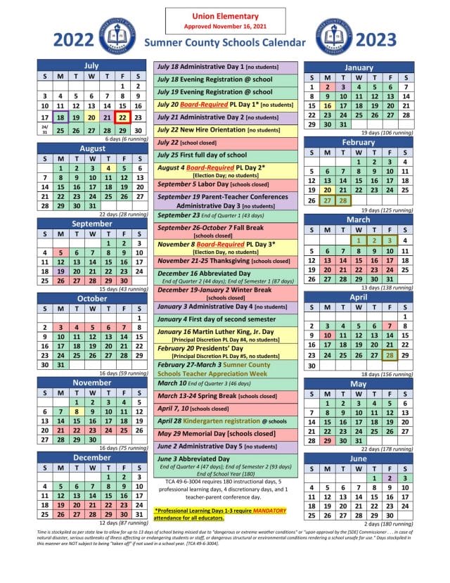 Sumner County School Calendar for 2022-2023