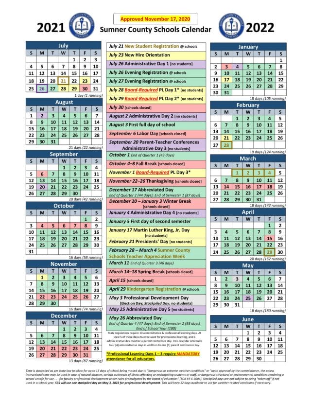 Sumner County School Calendar for 2021-2022