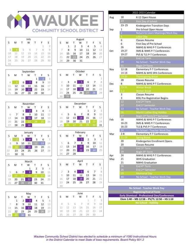 Waukee School Calendar for 2022-2023
