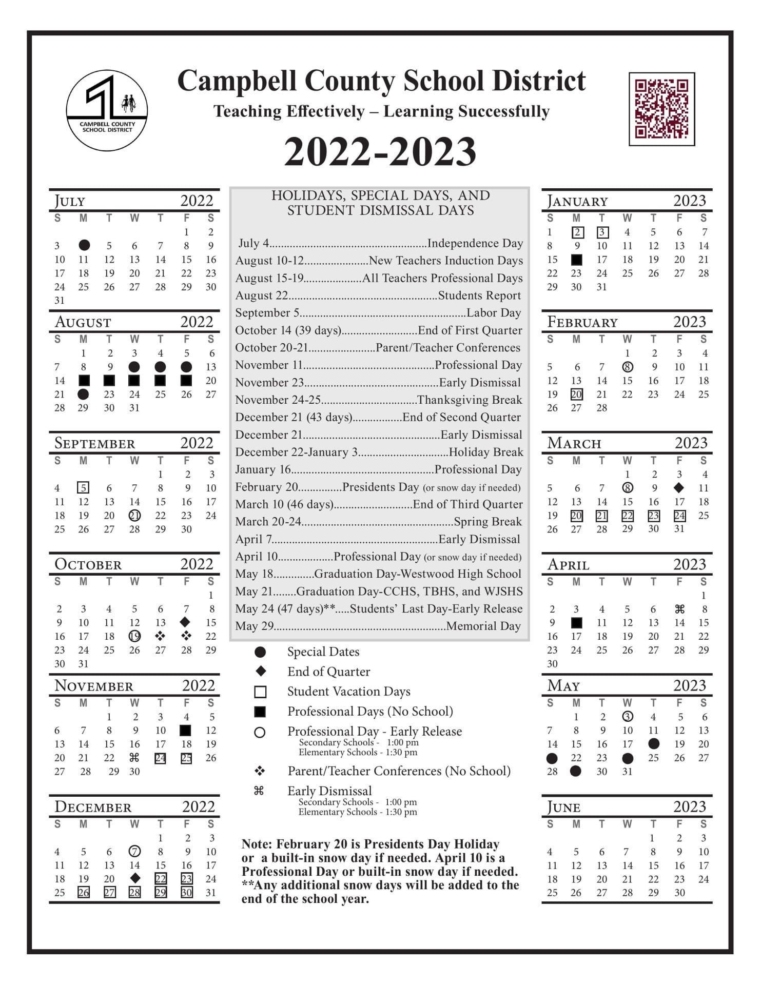 Campbell County School Calendar for 2022-2023