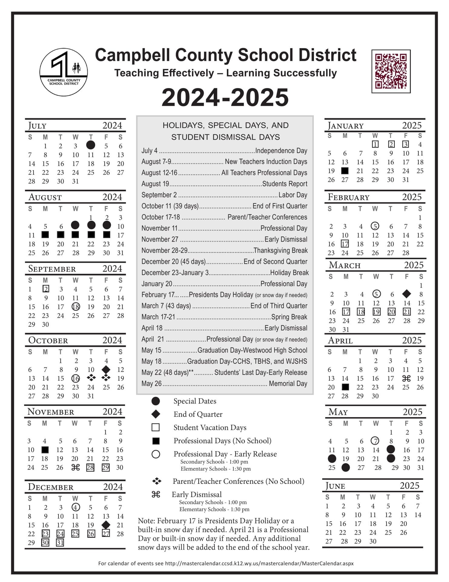 Campbell County School Calendar for 2024-2025