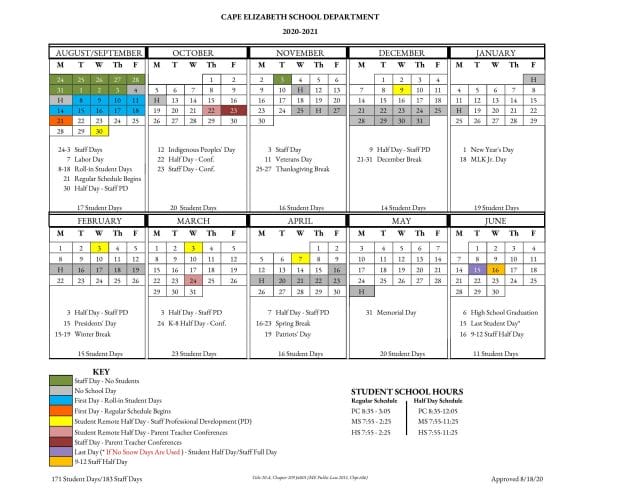 Cape Elizabeth School Calendar for 2020-2021