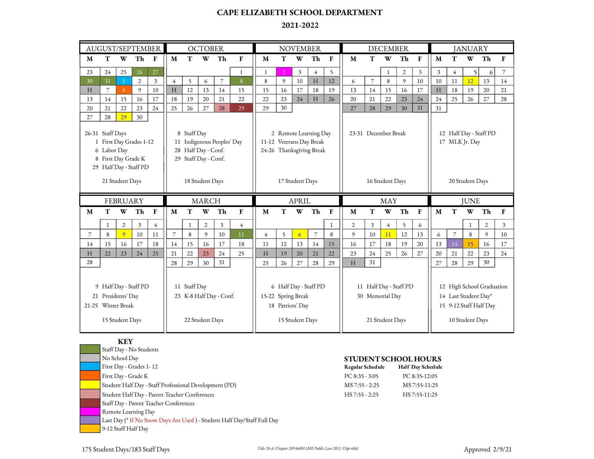 Cape Elizabeth School Calendar for 2021-2022