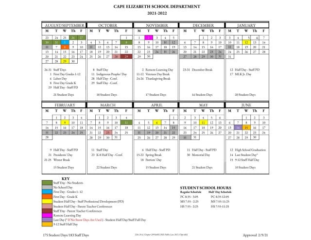 Cape Elizabeth School Calendar for 2021-2022