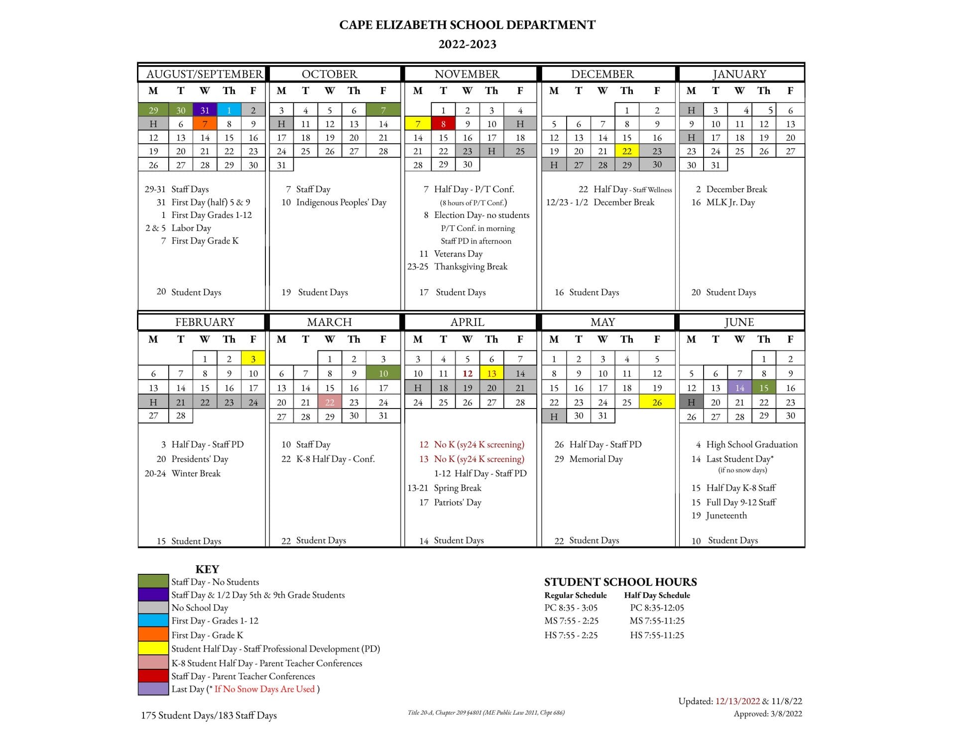 Cape Elizabeth School Calendar for 2022-2023