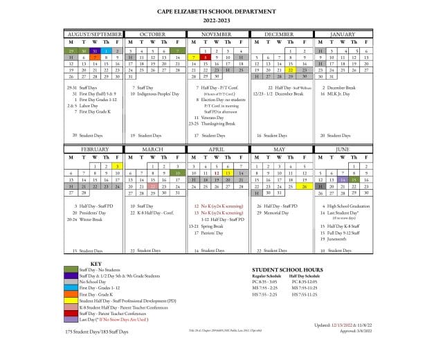 Cape Elizabeth School Calendar for 2022-2023