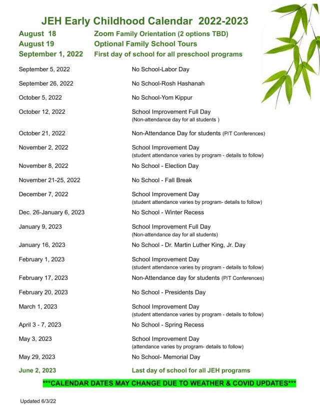JEH Early Childhood School Calendar 2022-2023