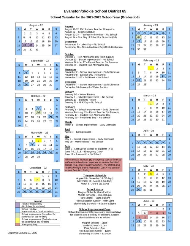 Evanston/Skokie School District 65 School Calendar for 2022-2023