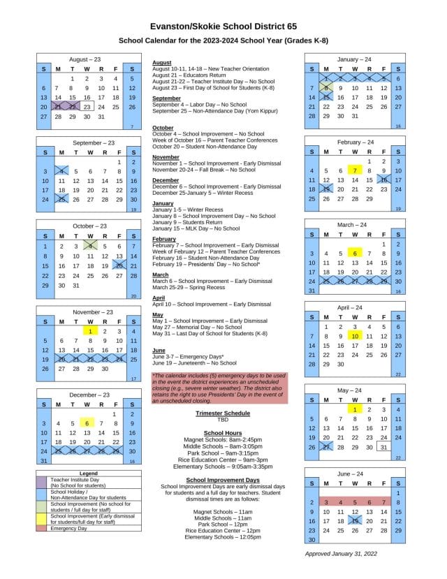 Evanston/Skokie School District 65 School Calendar for 2023-2024