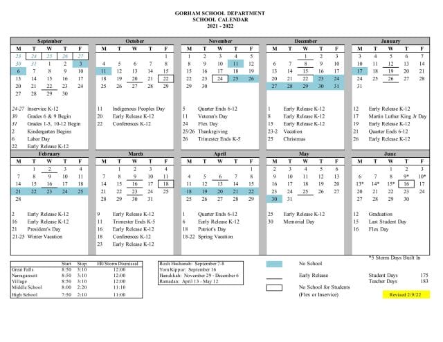 Gorham School Calendar for 2021-2022