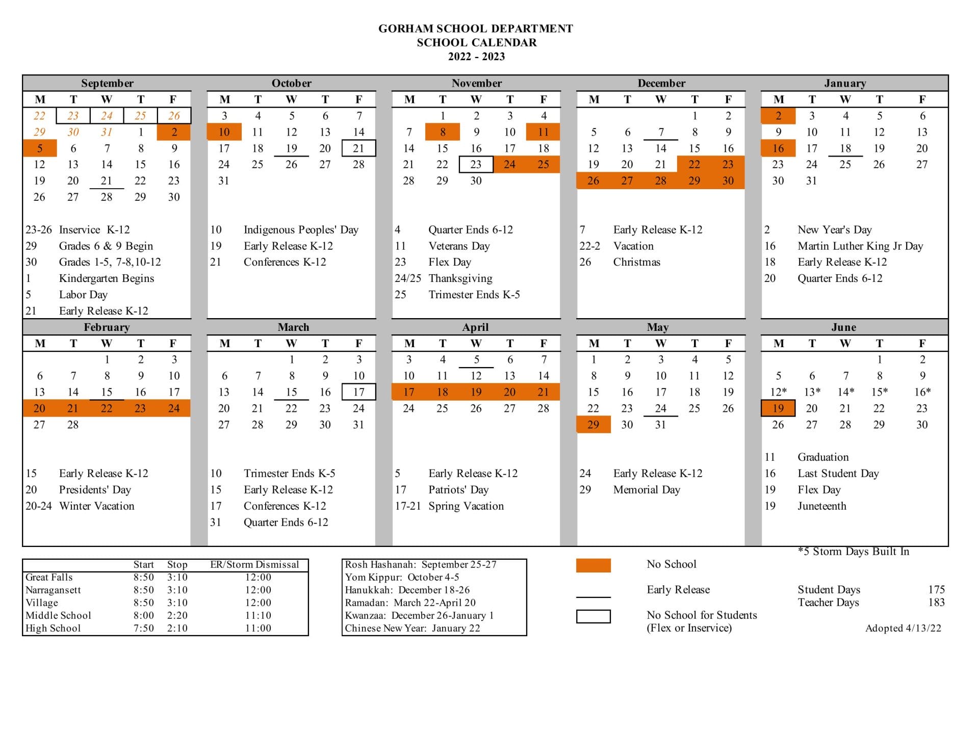 Gorham School Calendar for 2022-2023