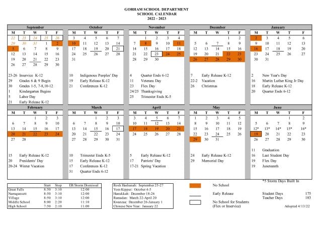 Gorham School Calendar for 2022-2023