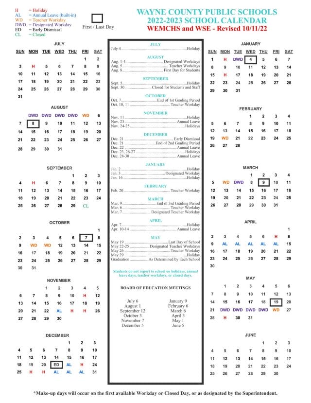 Wayne County Public School Calendar for 2022-2023