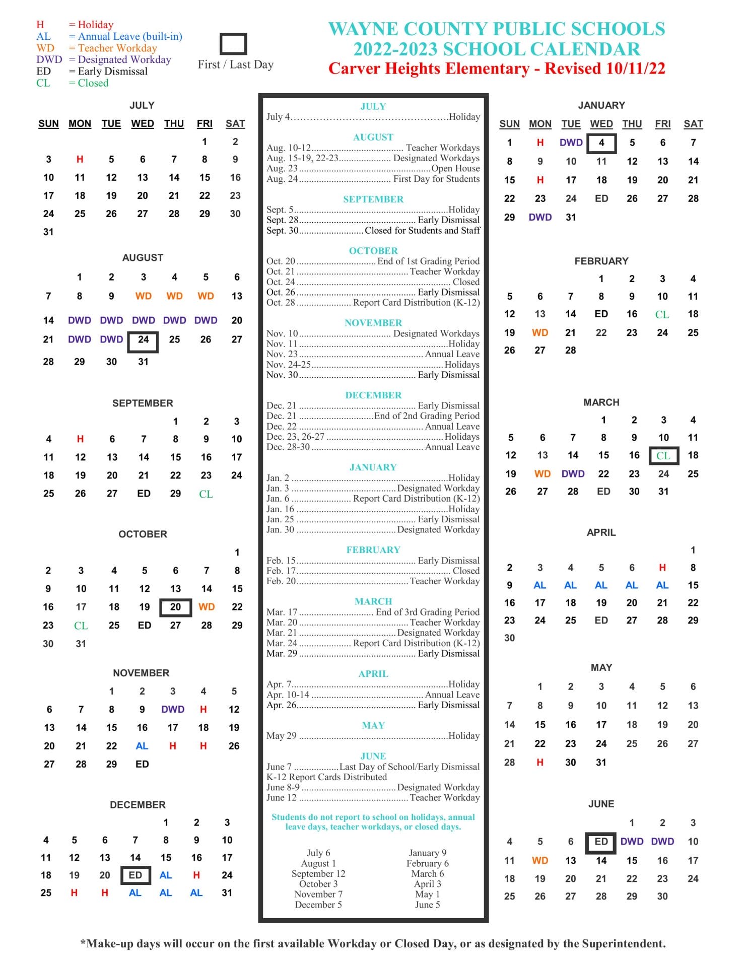 Wayne County Public School Calendar for 2022-2023