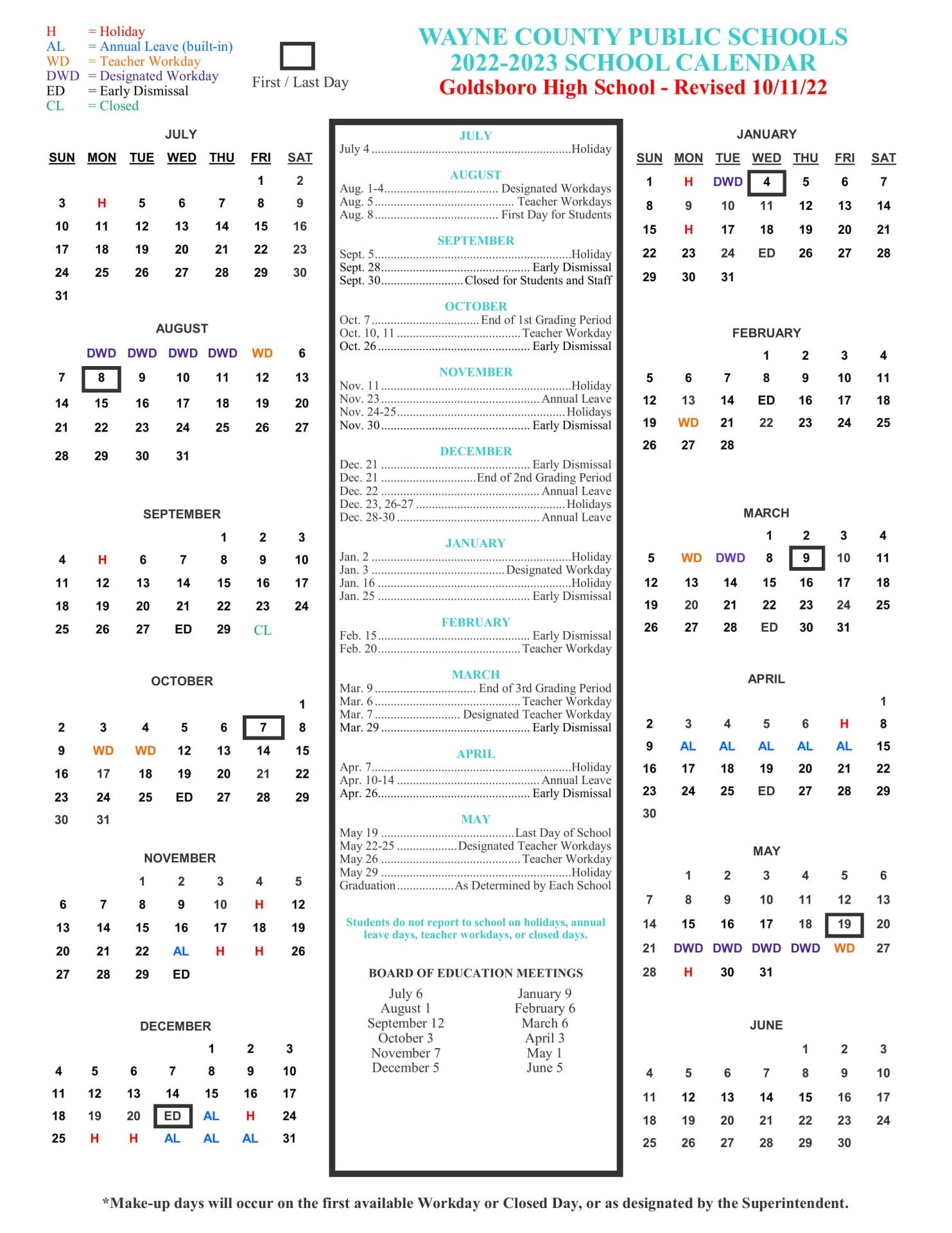 Wayne County Public Schools (GHS) Goldsboro High 2022-2023 Calendar