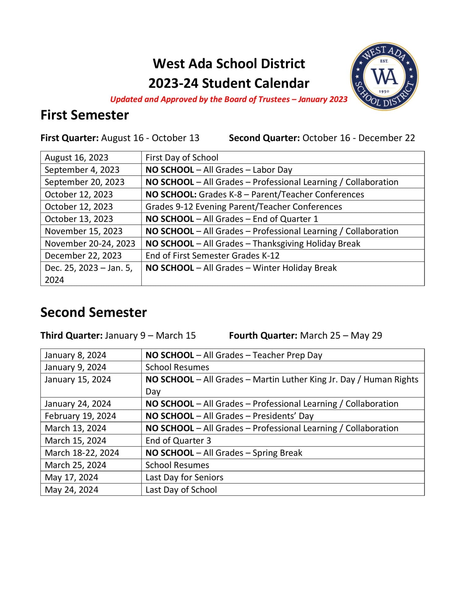 West Ada School Calendar for 2023-2024