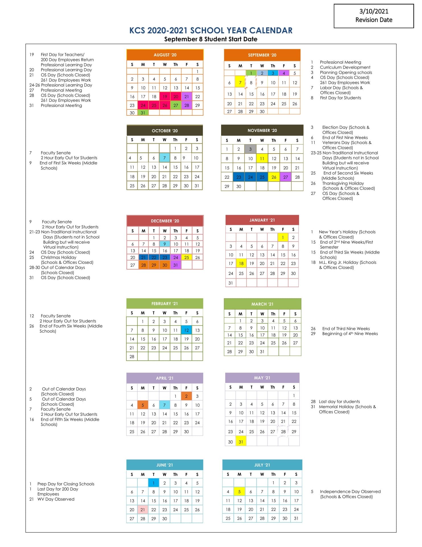 Kanawha County School Calendar for 2020-2021