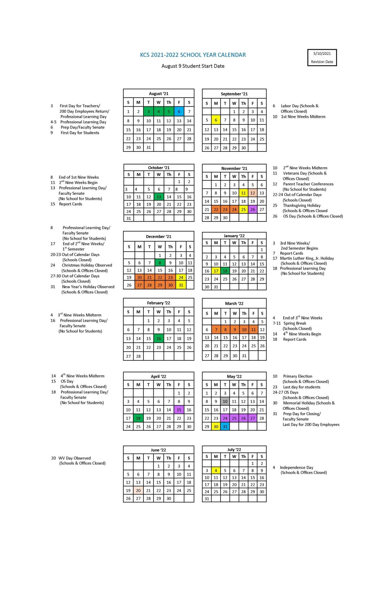 Kanawha County School Calendar for 2021-2022