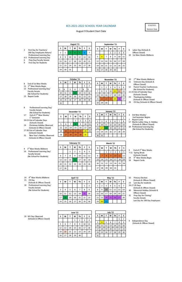 Kanawha County School Calendar for 2021-2022