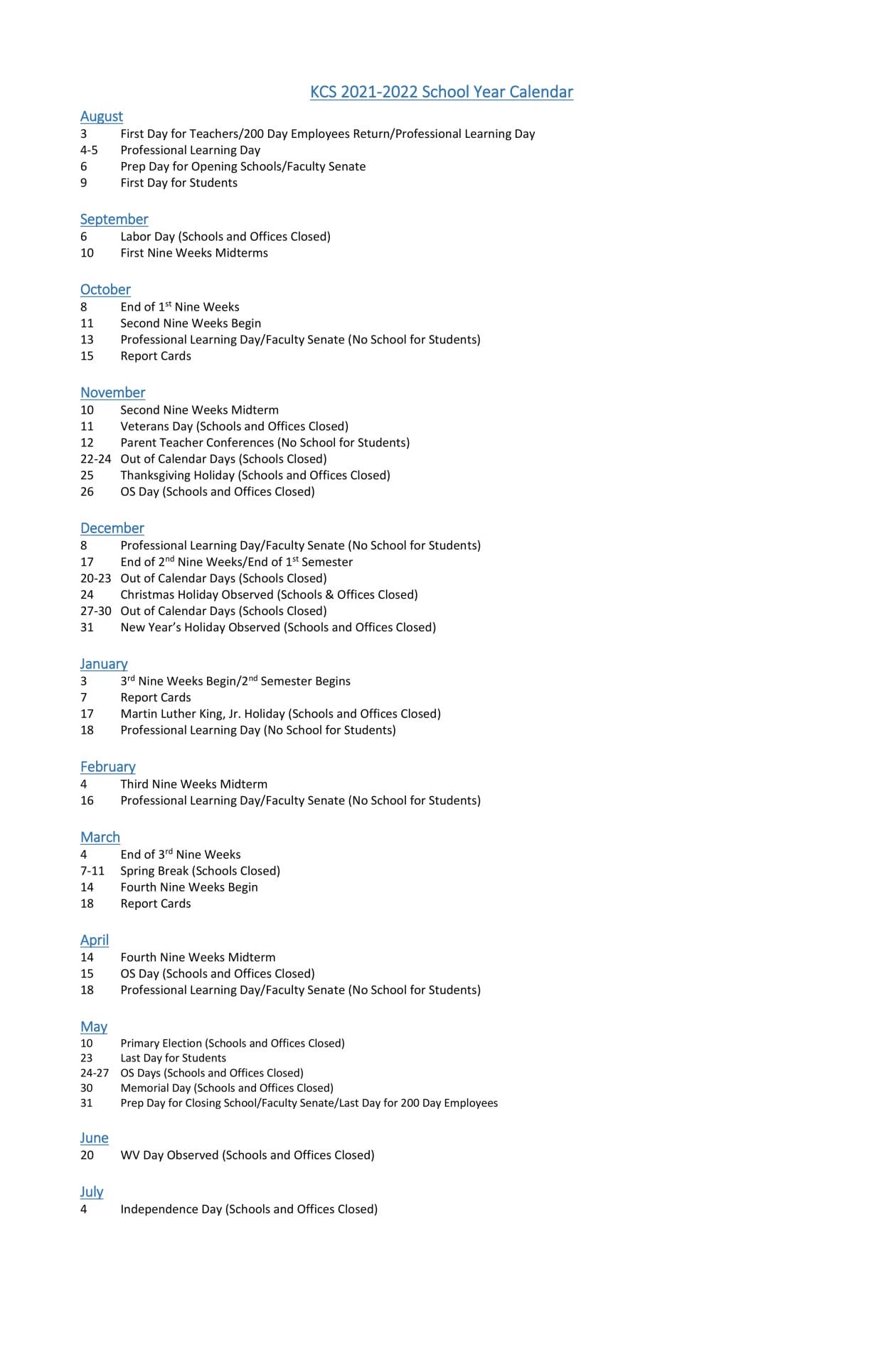 Kanawha County School Calendar for 2021-2022