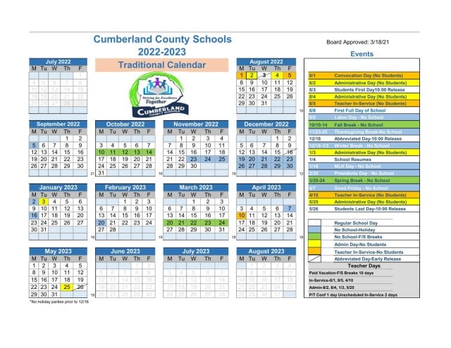 Cumberland County School Calendar for 2022-2023
