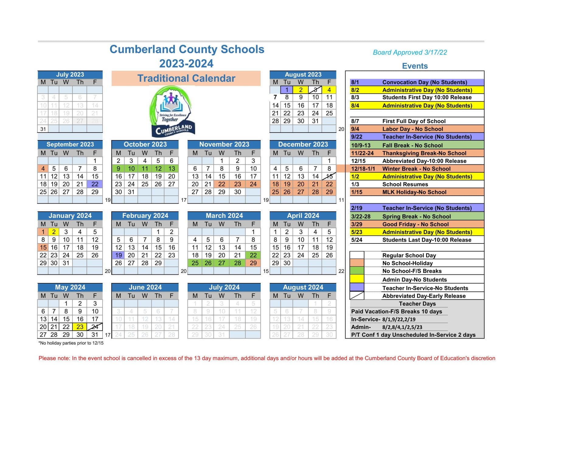 Cumberland County School Calendar for 2022-2023